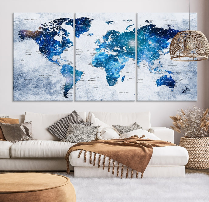 Sparkle Blue World Map Wall Art Canvas Print Push Pin Map Wall Decor