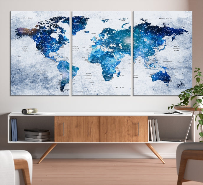 Sparkle Blue World Map Wall Art Canvas Print Push Pin Map Wall Decor