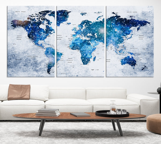 Sparkle Blue World Map Wall Art Canvas Print Push Pin Map Wall Decor