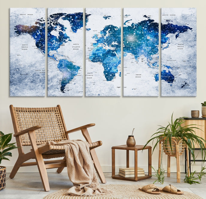 Sparkle Blue World Map Wall Art Canvas Print Push Pin Map Wall Decor