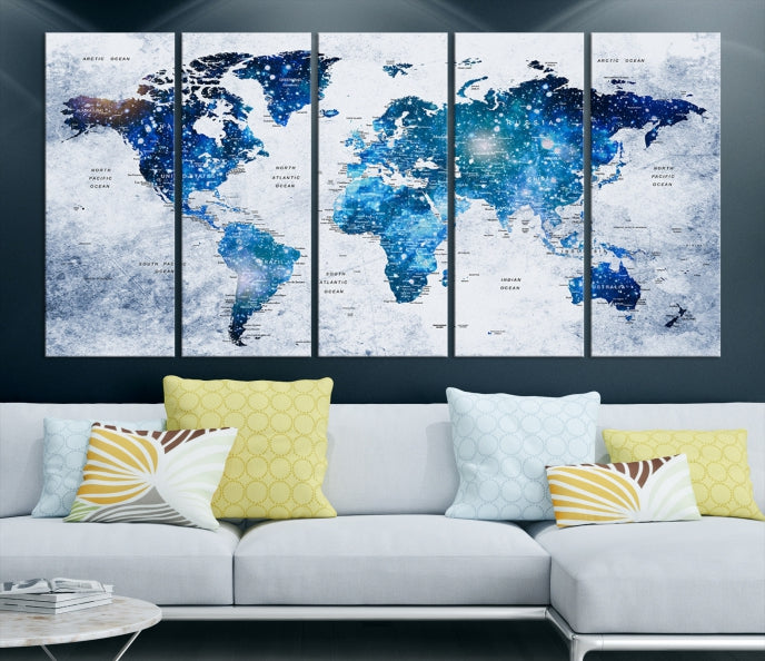 Sparkle Blue World Map Wall Art Canvas Print Push Pin Map Wall Decor