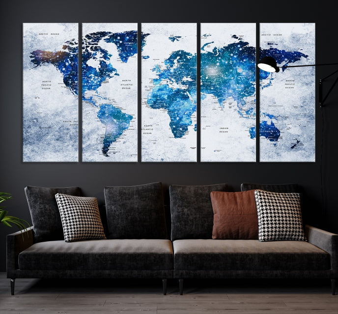 Sparkle Blue World Map Wall Art Canvas Print Push Pin Map Wall Decor