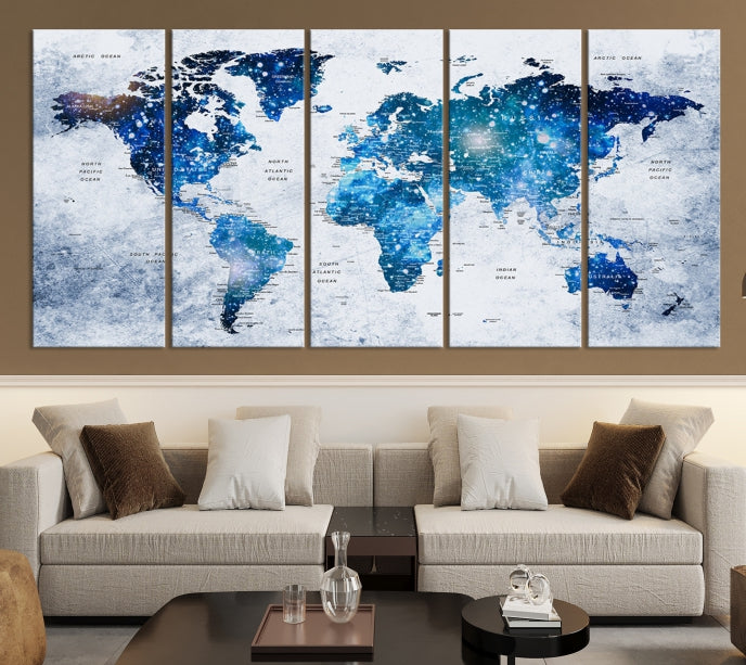 Sparkle Blue World Map Wall Art Canvas Print Push Pin Map Wall Decor