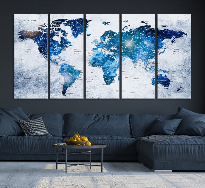 Sparkle Blue World Map Wall Art Canvas Print Push Pin Map Wall Decor