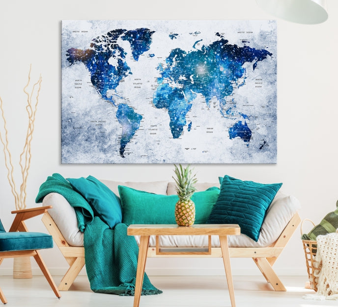 Sparkle Blue World Map Wall Art Canvas Print Push Pin Map Wall Decor