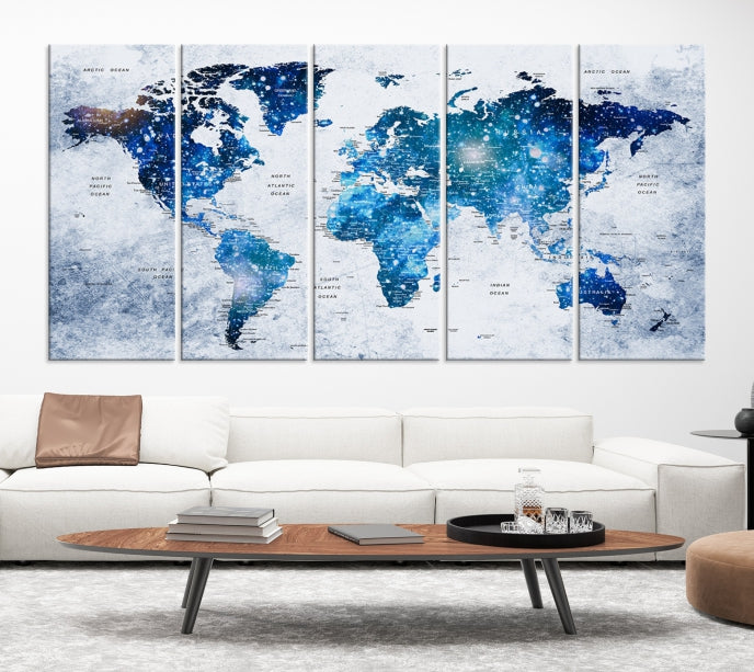 Sparkle Blue World Map Wall Art Canvas Print Push Pin Map Wall Decor