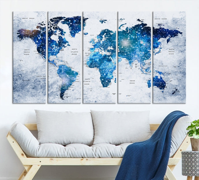 Sparkle Blue World Map Wall Art Canvas Print Push Pin Map Wall Decor