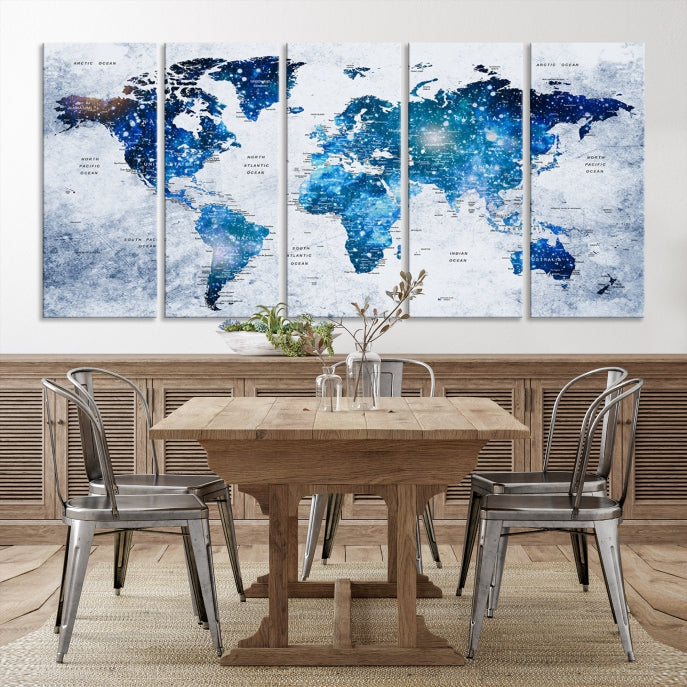 Sparkle Blue World Map Wall Art Canvas Print Push Pin Map Wall Decor