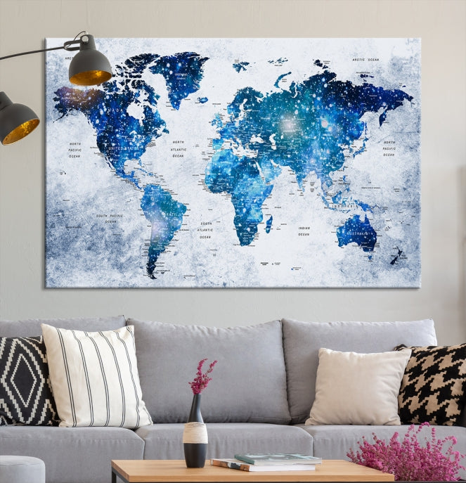 Sparkle Blue World Map Wall Art Canvas Print Push Pin Map Wall Decor