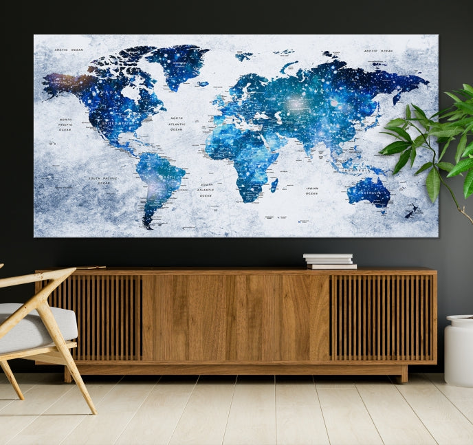 Sparkle Blue World Map Wall Art Canvas Print Push Pin Map Wall Decor