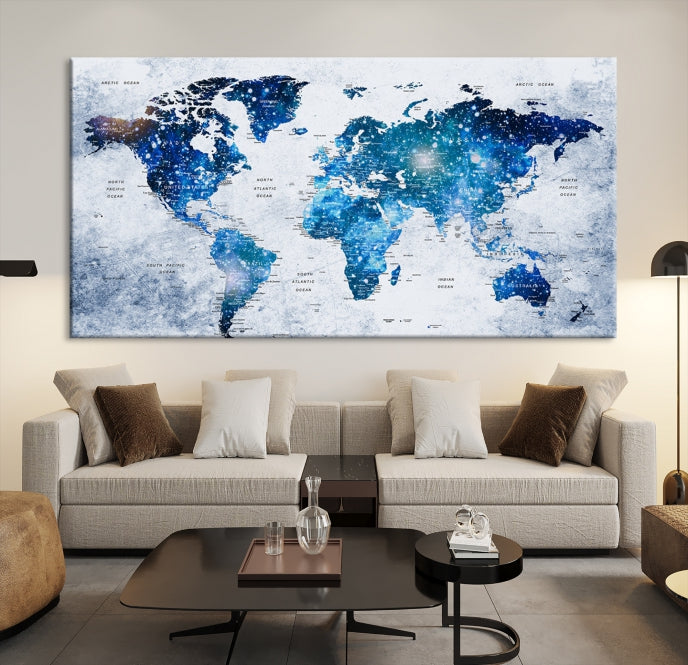 Sparkle Blue World Map Wall Art Canvas Print Push Pin Map Wall Decor