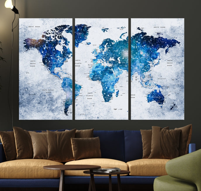 Sparkle Blue World Map Wall Art Canvas Print Push Pin Map Wall Decor