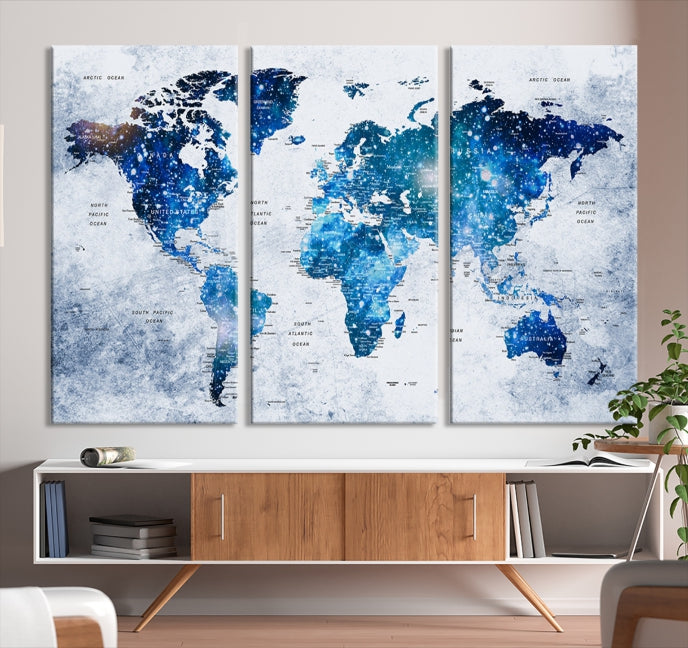 Sparkle Blue World Map Wall Art Canvas Print Push Pin Map Wall Decor