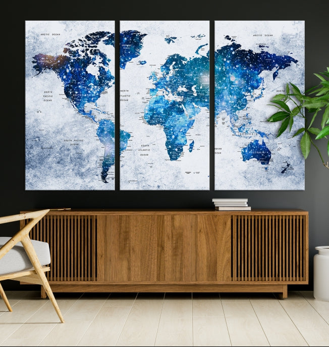 Sparkle Blue World Map Wall Art Canvas Print Push Pin Map Wall Decor