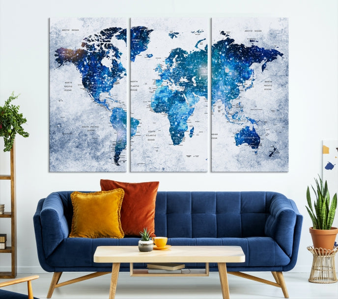 Sparkle Blue World Map Wall Art Canvas Print Push Pin Map Wall Decor