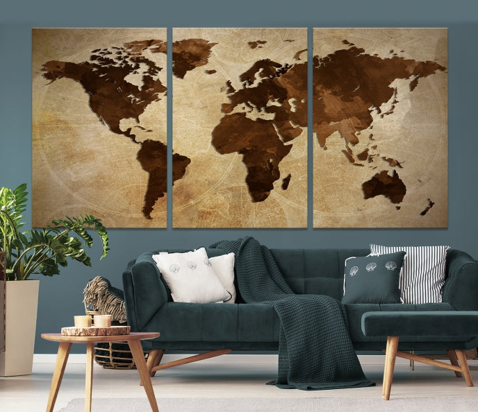 Stained Brown Watercolor World Map Print Framed Canvas Wall Art