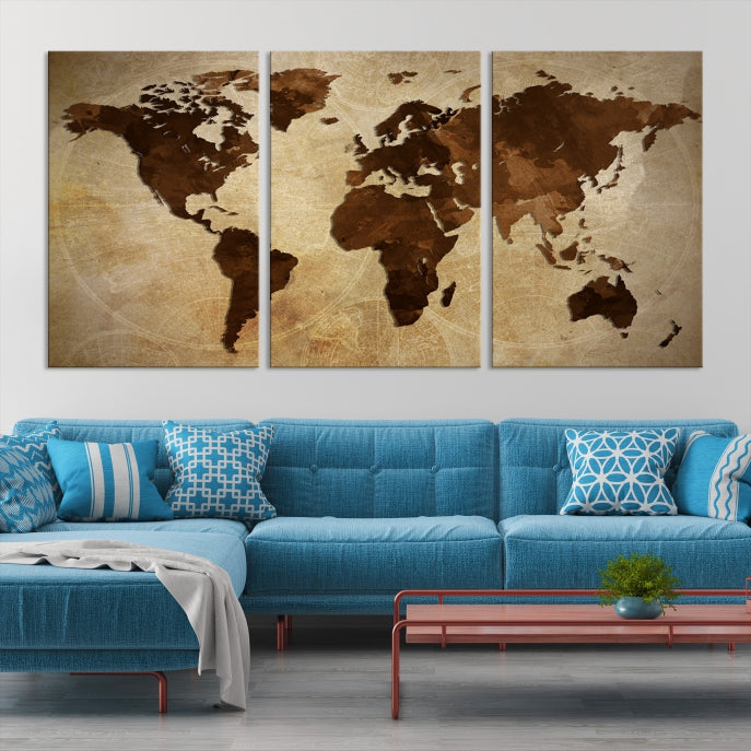 Stained Brown Watercolor World Map Print Framed Canvas Wall Art