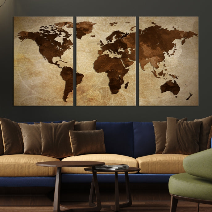 Stained Brown Watercolor World Map Print Framed Canvas Wall Art