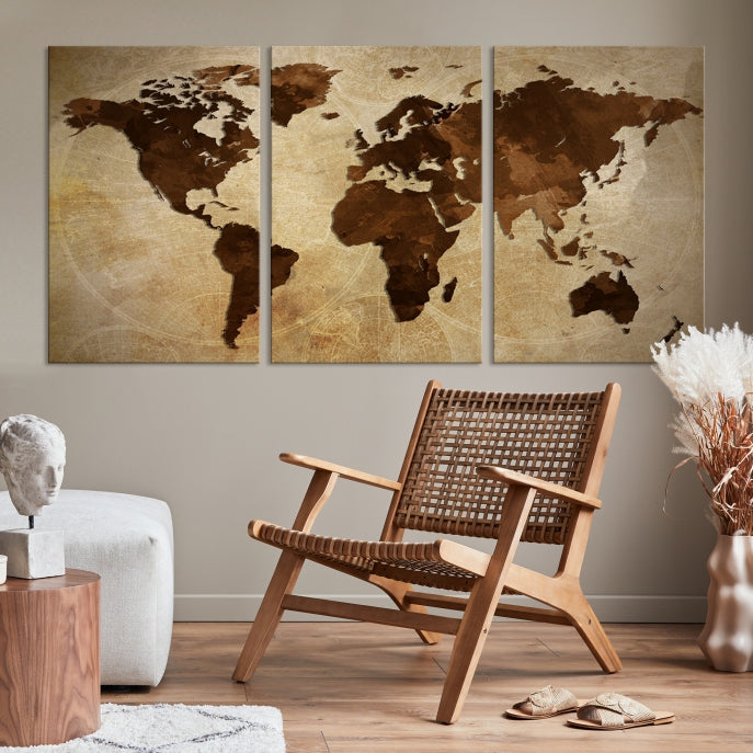 Stained Brown Watercolor World Map Print Framed Canvas Wall Art