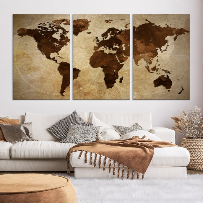 Stained Brown Watercolor World Map Print Framed Canvas Wall Art