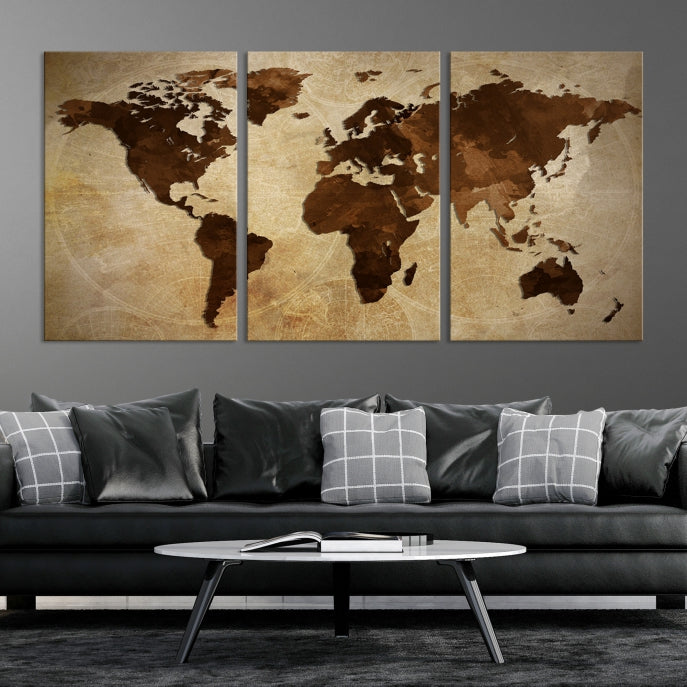 Stained Brown Watercolor World Map Print Framed Canvas Wall Art