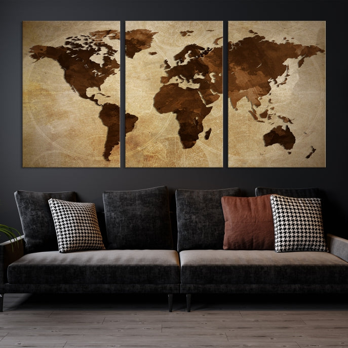 Stained Brown Watercolor World Map Print Framed Canvas Wall Art