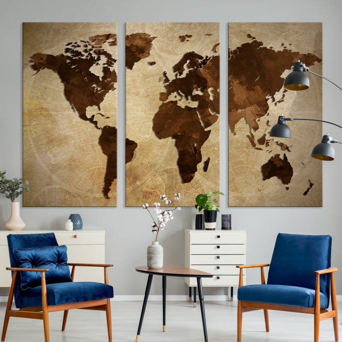 Stained Brown Watercolor World Map Print Framed Canvas Wall Art