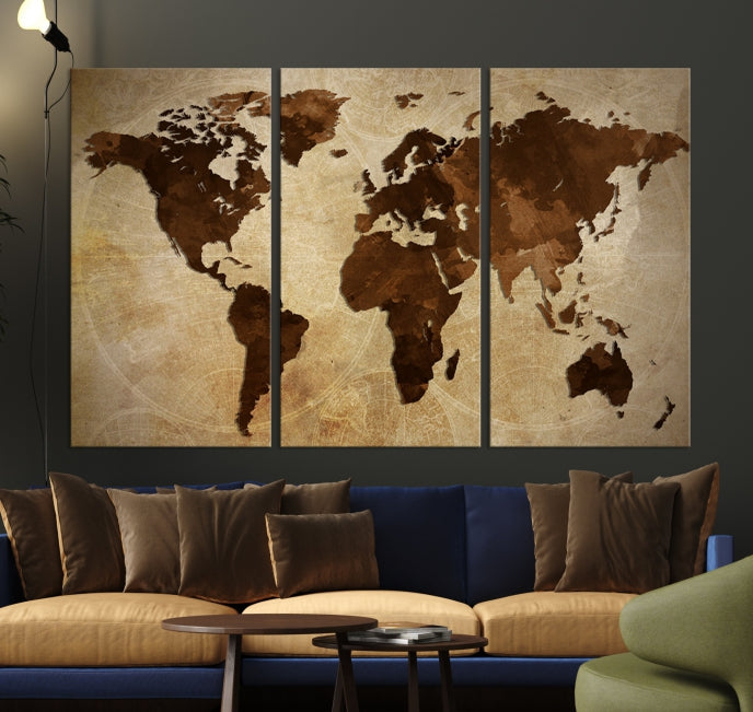 Stained Brown Watercolor World Map Print Framed Canvas Wall Art