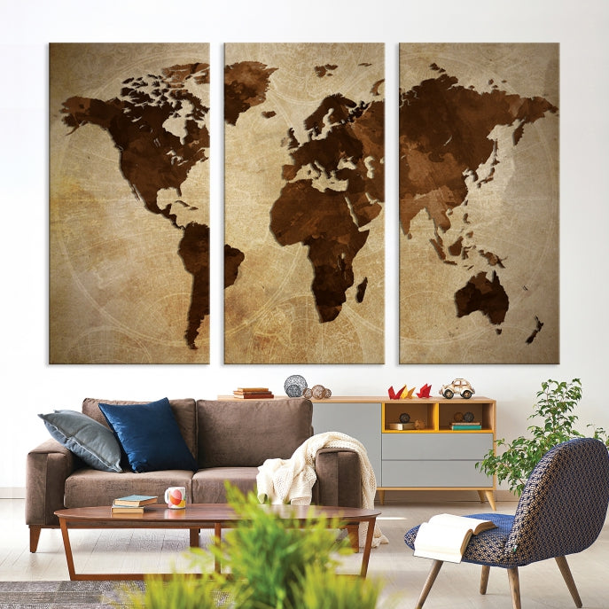 Stained Brown Watercolor World Map Print Framed Canvas Wall Art