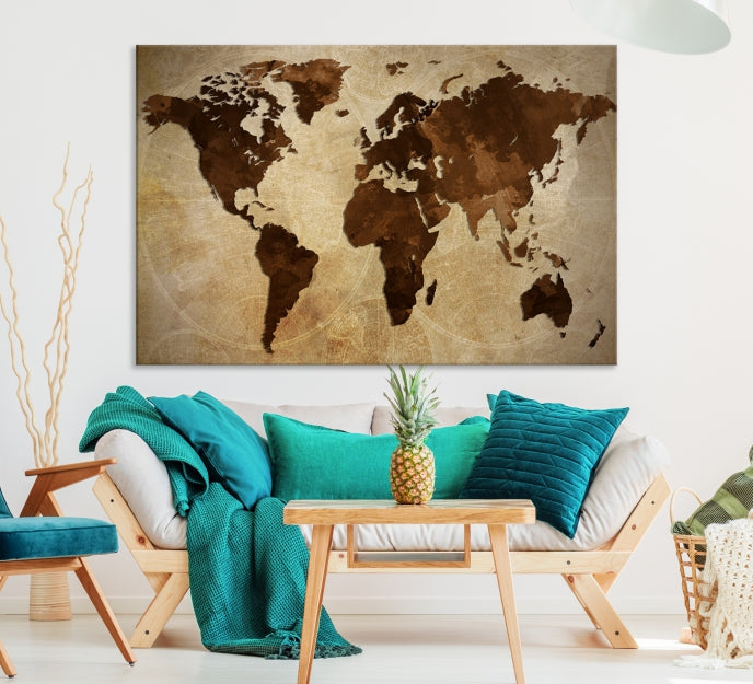 Stained Brown Watercolor World Map Print Framed Canvas Wall Art