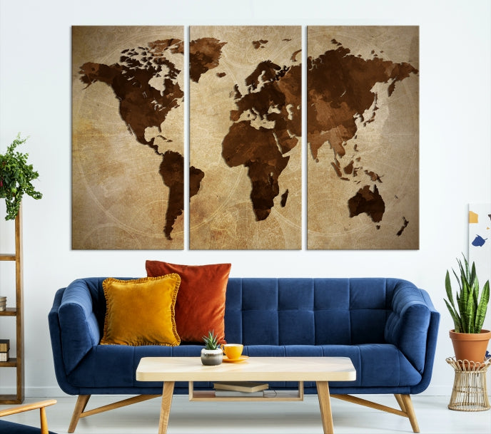 Stained Brown Watercolor World Map Print Framed Canvas Wall Art