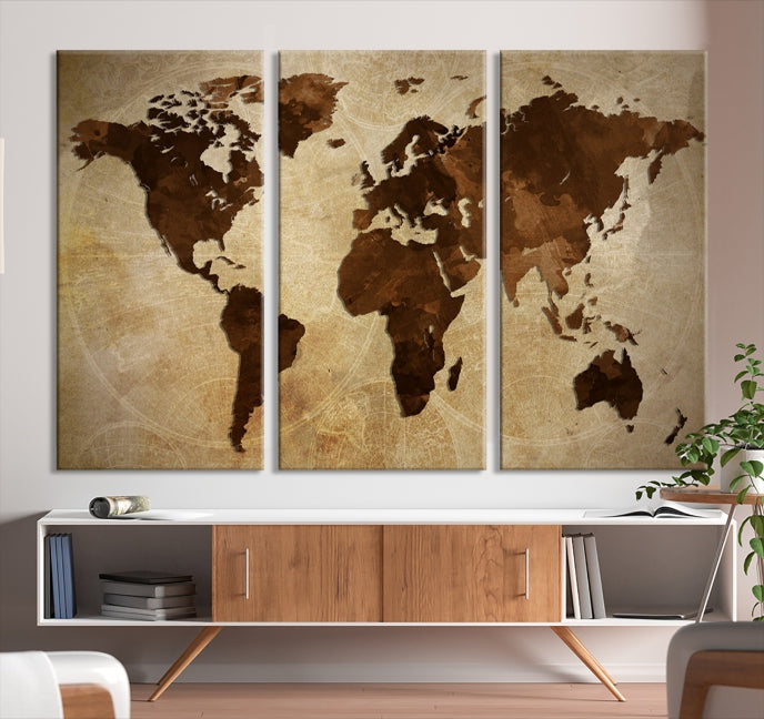 Stained Brown Watercolor World Map Print Framed Canvas Wall Art