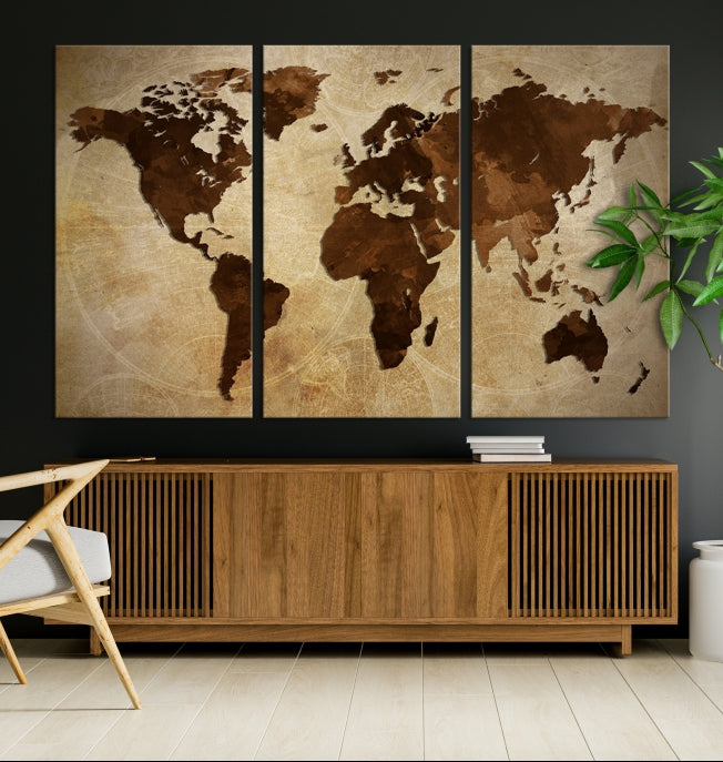 Stained Brown Watercolor World Map Print Framed Canvas Wall Art