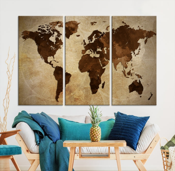 Stained Brown Watercolor World Map Print Framed Canvas Wall Art