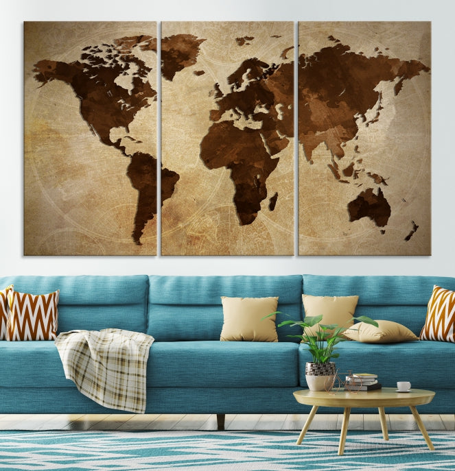 Stained Brown Watercolor World Map Print Framed Canvas Wall Art