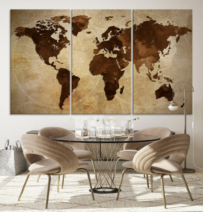 Stained Brown Watercolor World Map Print Framed Canvas Wall Art