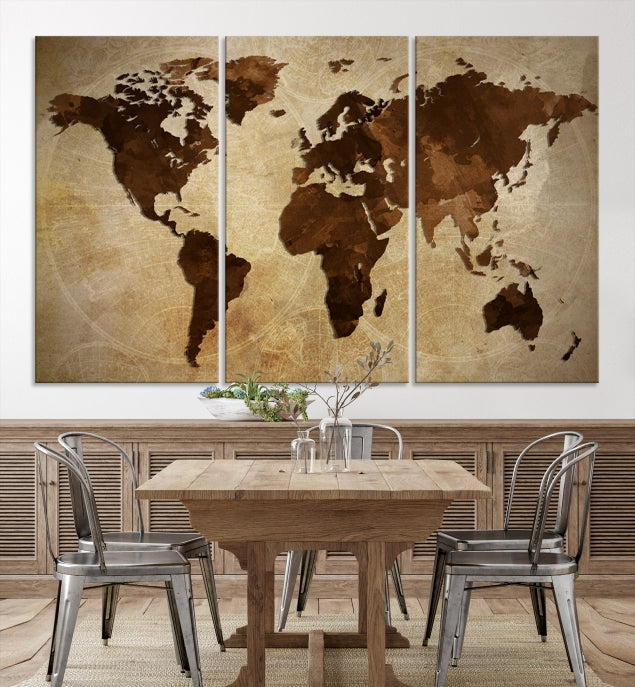 Stained Brown Watercolor World Map Print Framed Canvas Wall Art