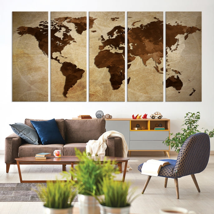 Stained Brown Watercolor World Map Print Framed Canvas Wall Art