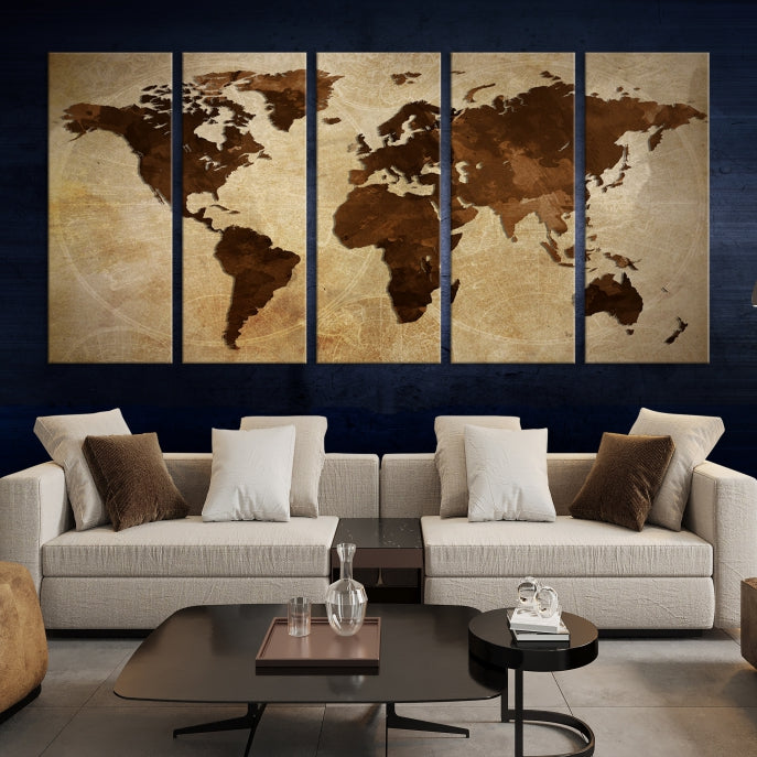 Stained Brown Watercolor World Map Print Framed Canvas Wall Art