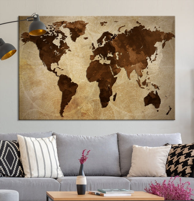 Stained Brown Watercolor World Map Print Framed Canvas Wall Art