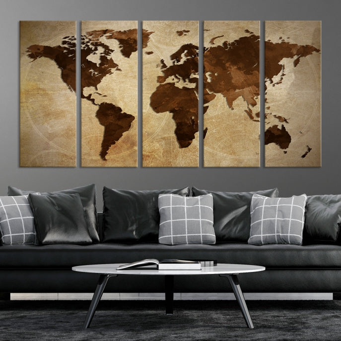 Stained Brown Watercolor World Map Print Framed Canvas Wall Art