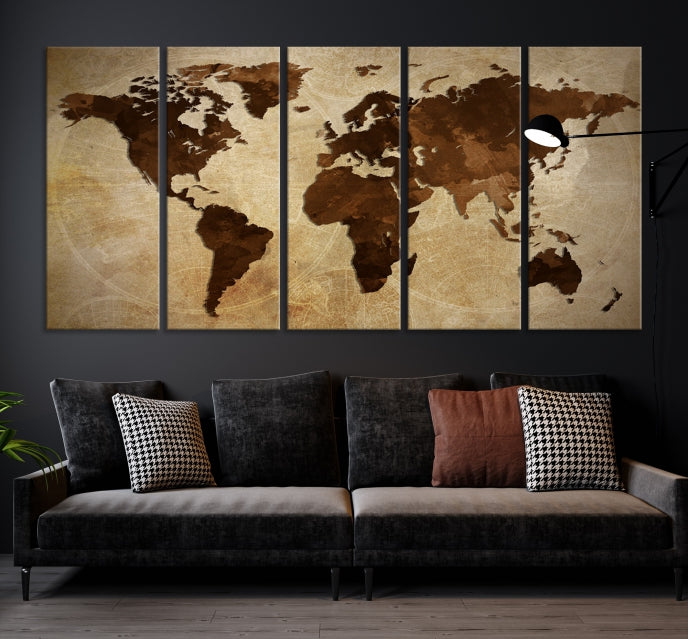 Stained Brown Watercolor World Map Print Framed Canvas Wall Art