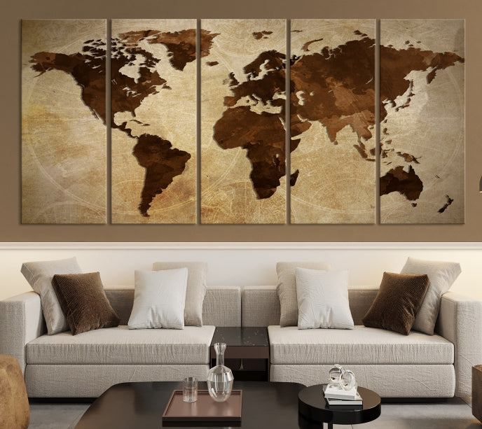 Stained Brown Watercolor World Map Print Framed Canvas Wall Art