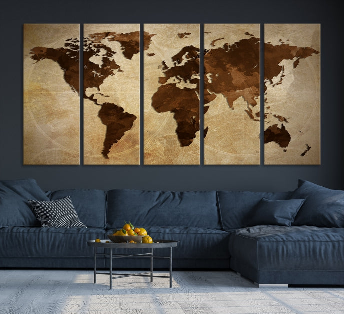 Stained Brown Watercolor World Map Print Framed Canvas Wall Art