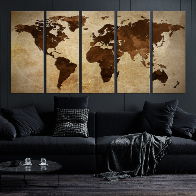 Stained Brown Watercolor World Map Print Framed Canvas Wall Art