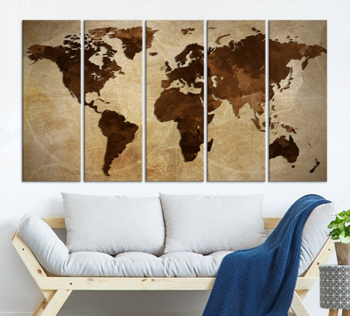 Stained Brown Watercolor World Map Print Framed Canvas Wall Art