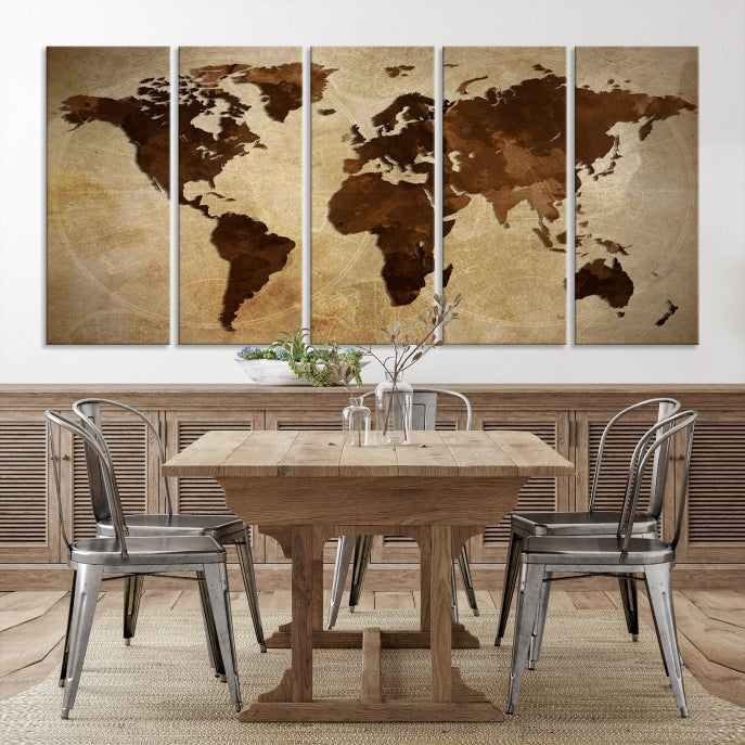 Stained Brown Watercolor World Map Print Framed Canvas Wall Art