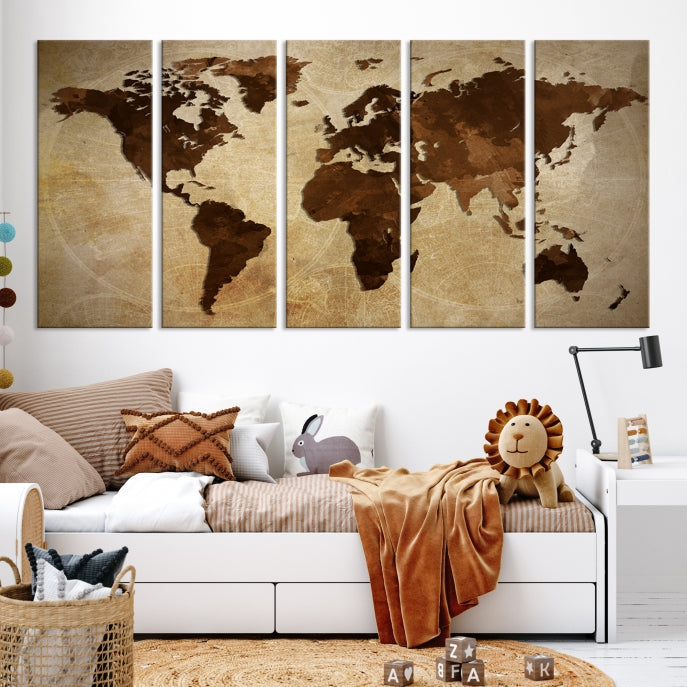 Stained Brown Watercolor World Map Print Framed Canvas Wall Art