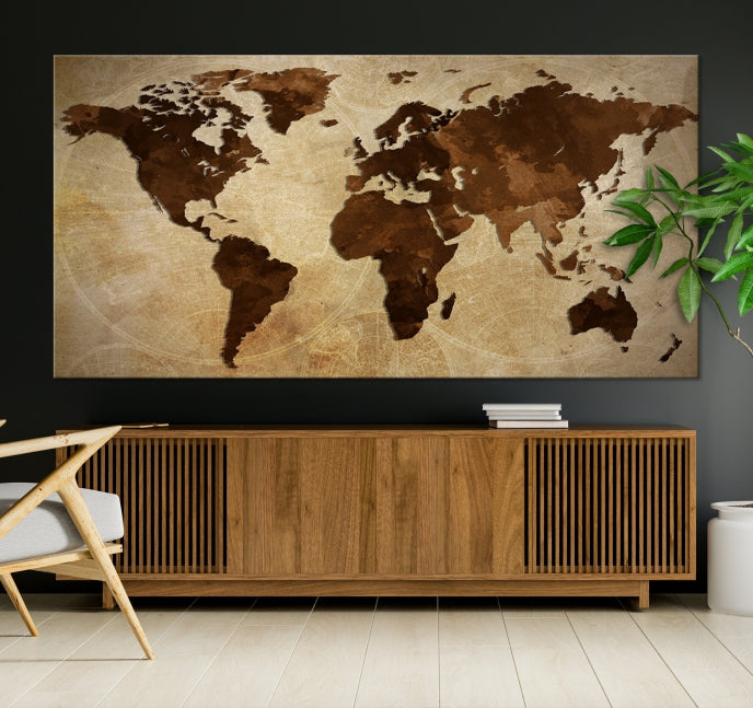 Stained Brown Watercolor World Map Print Framed Canvas Wall Art