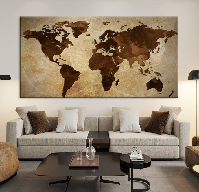 Stained Brown Watercolor World Map Print Framed Canvas Wall Art